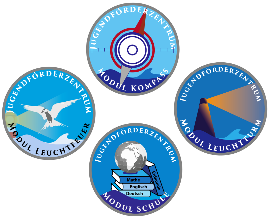 Logos der vier Module des Jugendförderzentrums seit 2024